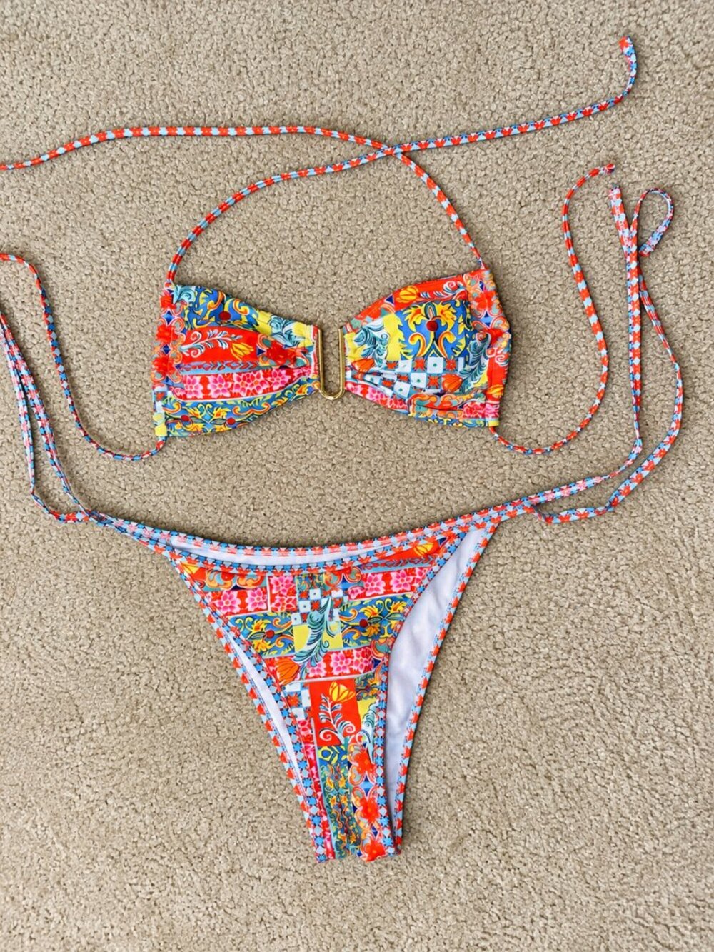 Colorful Mediterranean Print Bandeau Bikini Set – Size Small